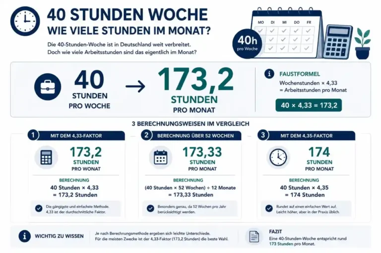 40 Stunden Woche mit 173,2, 173,33 und 174 Arbeitsstunden pro Monat im Vergleich