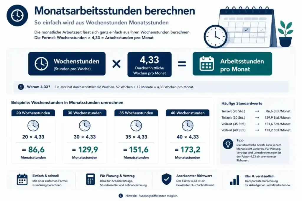 Arbeitsstunden pro Monat aus Wochenstunden mit der Formel 4,33 berechnen