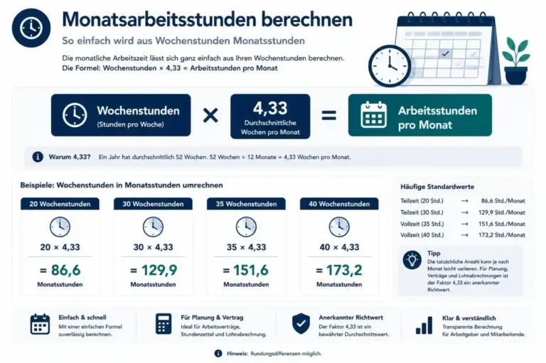 Arbeitsstunden pro Monat aus Wochenstunden mit der Formel 4,33 berechnen