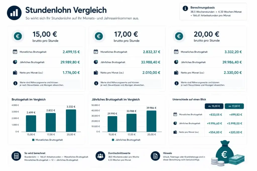 Vergleich von 15, 17 und 20 Euro Stundenlohn