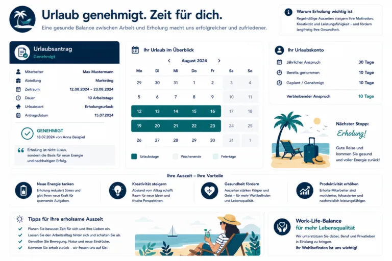 Genehmigter Urlaub mit Urlaubsanspruch, Urlaubstagen und Urlaubsübersicht im Kalender